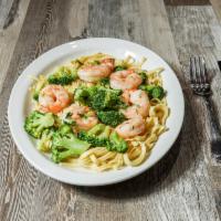 Shrimp Scampi · Extra large shrimp over linguine with broccoli in a garlic sauce over linguine.