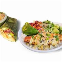 Samurai Salmon · Roasted fresh salmon, sushi rice, avocado, cucumber, rainbow slaw, daikon sprouts, scallion,...