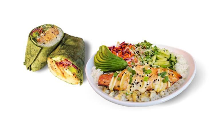 Samurai Salmon · Roasted fresh salmon, sushi rice, avocado, cucumber, rainbow slaw, daikon sprouts, scallion, sesame seeds, wasabi vinaigrette, wasabi aioli, super green flatbread.