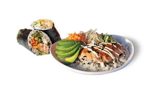 Furikake Salmon · Roasted fresh salmon, sushi rice, avocado, sesame-furikake seasoning, cucumber, marinated bean sprouts, pickled carrot, sesame-soy vinaigrette, garlic aioli.