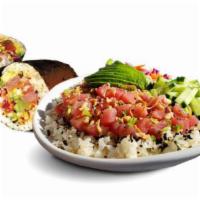 Hawaiian Poke · Ahi poke, sushi rice, avocado, rainbow slaw, cucumber, macadamia nuts, scallion, crispy shal...