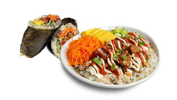 Beyond Bulgogi · Beyond meat, sushi rice, tamago, cucumber, scallion,  pickled carrot, sesame-furikake seasoning, gochujang sauce, garlic aioli. Vegetarian.