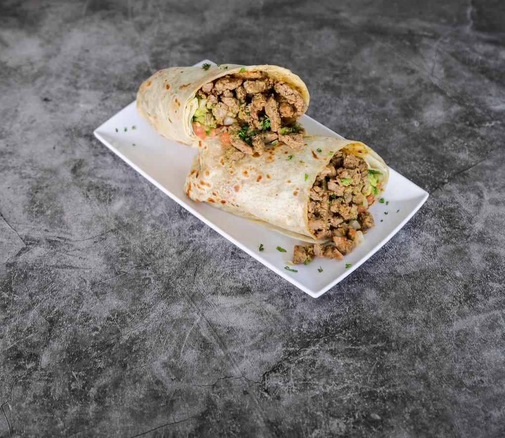 Carne Asada Burrito · Diced steak with guacamole and pico.