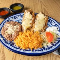 Chiles Rellenos con Queso Specialty · Cheese stuffed peppers.