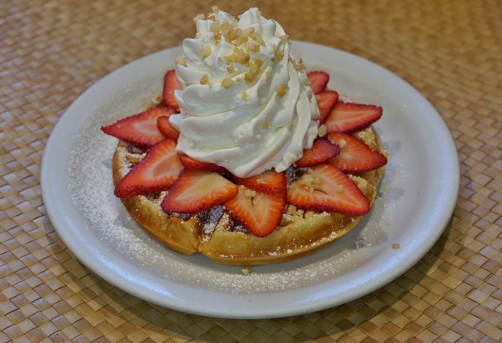 Fresh Strawberry Whipped Cream Waffle · Fresh strawberries, whipped cream and a sprinkle of macadamia nuts on top of our multigrain waffle. Mochi waffle also available!