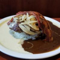 Hapa Hamburger Steak · A 100% local beef patty over rice, topped with both country and brown gravy, sautéed white o...
