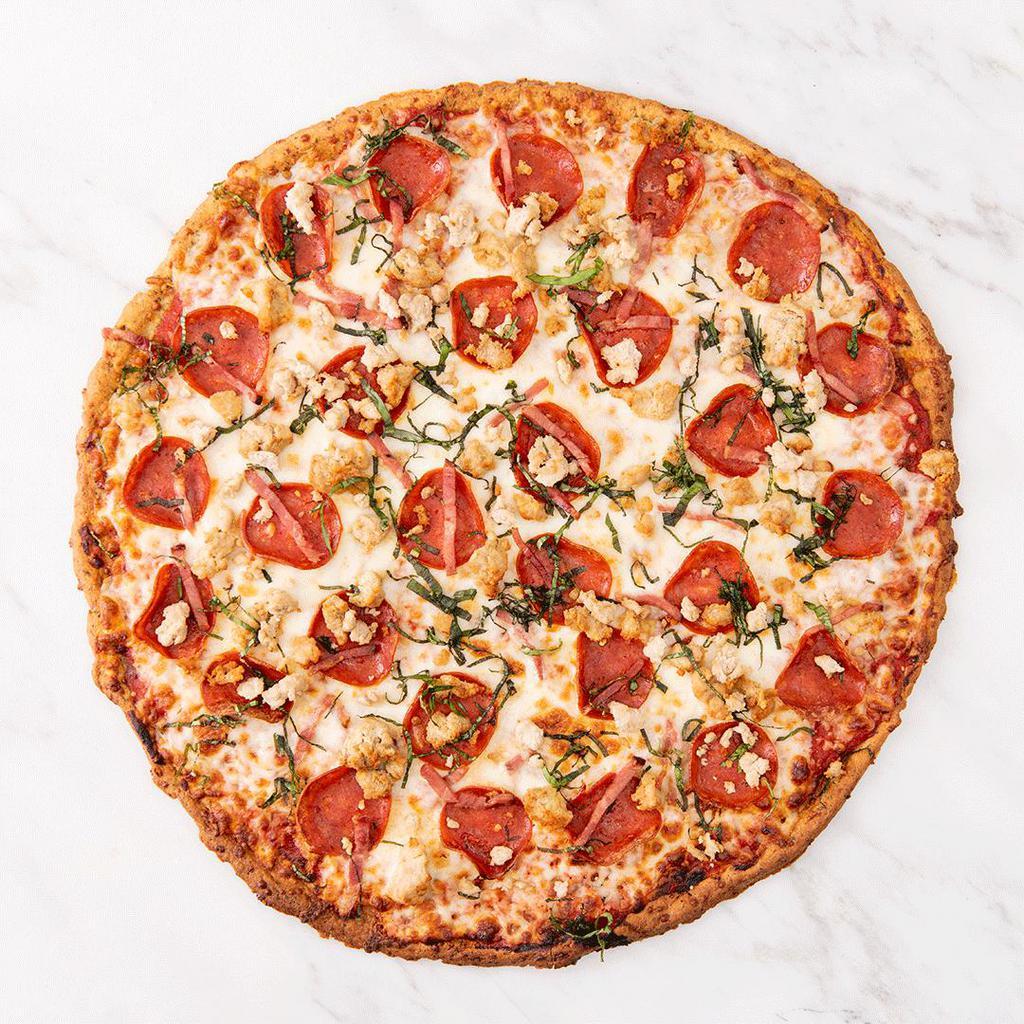 Signature Gluten-Free Meat Lovers Pizza · Signature Cauliflower Crust (Gluten-Free) with your choice of cheese, made-from-scratch tomato sauce, turkey pepperoni, turkey sausage, turkey bacon. 