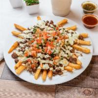 Fuegos Fries · Our golden fries with choice of meat, cheese, pico de gallo, sour cream and your choice of s...