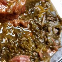 Collard Greens W/Kales and smoke Turkey · 8 ounces of Slow-cooked Collard greens W/Kales and smoke Turkey