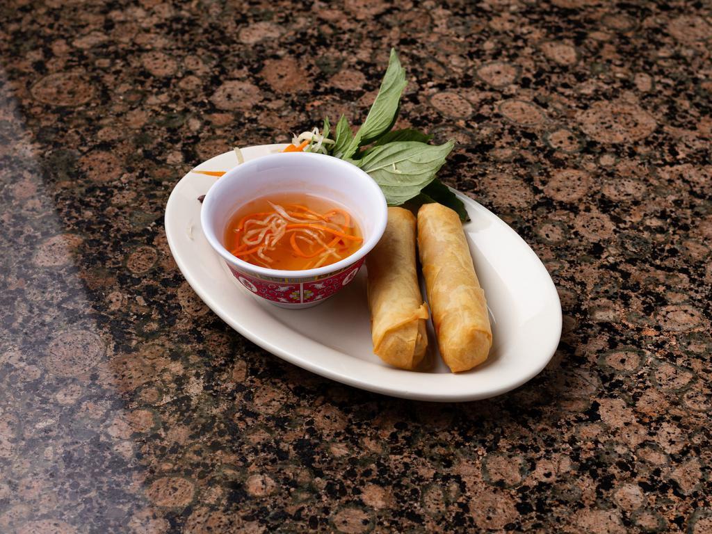 A01. Crispy Spring Roll (cha Gio) · Cha gio. 2 pieces. Crispy fried wheat wrapper around a mixture of ground pork, shrimp, carrots, mushrooms, taro, cellophane noodle and served with fish sauce meat.