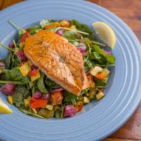 Grilled Salmon Salad · Grilled Atlantic salmon (6 oz.) served over baby spinach and grilled vegetables, tossed with...