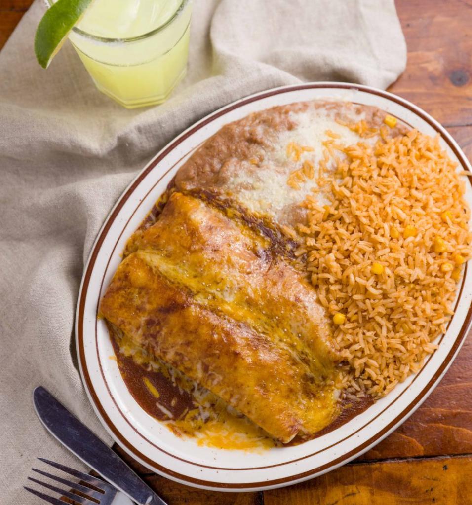 Sagebrush Enchilada · Two corn tortillas stuffed with melted Jack cheese and topped with enchilada sauce and more cheese. Add beef and shredded chicken for an additional charge.