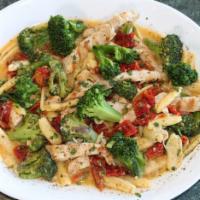 Cavatelli Broccoli and Chicken · Chicken breast, broccoli florets, garlic, sun-dried tomatoes in a white wine sauce.