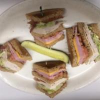 Johnny's Big Club · American and mozzarella cheeses, ham, turkey, bacon, lettuce, mayonnaise, tomato on toasted ...