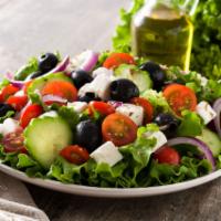 Greek Salad · Lettuce, tomatoes, onions, black olives, pepperoncini, Feta cheese, and your choice of dress...