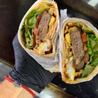UBF Wrap Burger · Steak, Cheese, Bacon , Egg, Lettuce, Tomato, Potato Chips, Ketchup, Mayo, Mustard and French...