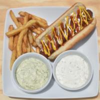 Hot Dog & Fries · 100% Beef Sausage, Potato Chips, Ketchup, Mayo, Mustard and French Fries.