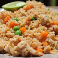 Thai Fried Rice · Stir-fried rice with eggs, onion, green peas, carrot, corn, and choice of protein.