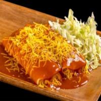 Enchiladas · 2 cheese enchiladas topped with cheese and lettuce.
