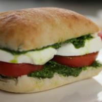 Fresh Mozzarella & Pesto Sandwich · Toasted Ciabatta, Pesto, Mozzarella, Steak Tomato, GlazEd With Olive Oil & Aged Balsamic