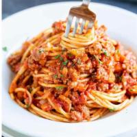 Spaghetty Bolognese · Wagyu ground beef, marinara sauce, Parmesan cheese.