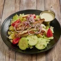 Feliz Salad · Lettuce, Tomato, Cucumber, Purple Onion, Grilled Boneless Chicken Breast