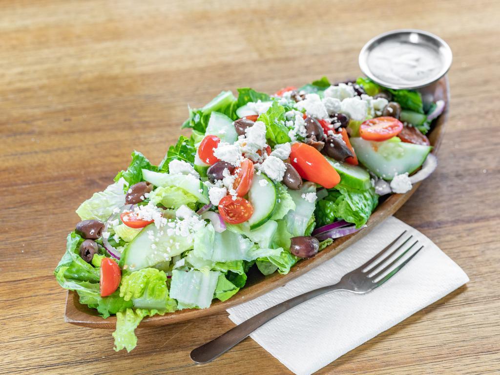 Greek Salad  · Mix leaf greens, cucumber, tomato, onion, feta, Kalamata olives, Greek dressing. Add grilled chicken, or mesquite shrimp for an additional charge.