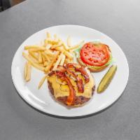Lavish Classic Cheese Burger · Angus beef, lettuce, tomato, bacon, grilled onion, American cheese, and our signature.