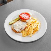 Grilled Chicken Sandwich · Chicken breast, lettuce, tomato, bacon and our signature sauce served with french fries and ...