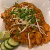 Pad Thai · Stir fried with shrimp and chicken ground peanuts, eggs, bean sprouts, green onions and home...
