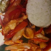 Sweet and Sour Chicken · Served with tomatoes, cucumber, onion, pineapple and bell pepper.