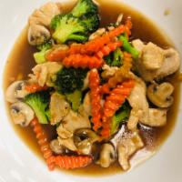 Broccoli · Stir fried broccoli, mushroom and carrot in brown sauce.