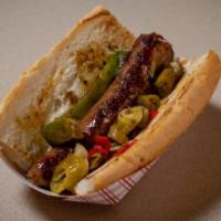 Italian Sausage · Perfectly cooked Italian Sausage on fresh French Bread. Served with Sweet Green peppers and ...