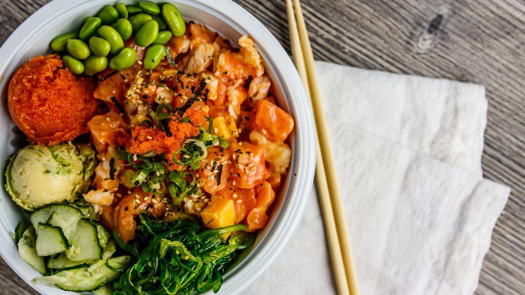 Poke Bowl · Pick up to 3 proteins as you design your very own poke bowl. Comes with your choice of base rice or salad mix, sides, sauces, and toppings. Our most popular menu item.