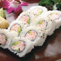 California Roll · Your basic sushi roll. Crab meat, avocado, and cucumber rolled up in seaweed and freshly mad...