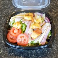 Chef Salad · Fresh-cut lettuce, ham, turkey, provolone cheese, sliced tomatoes,
red onions and croutons m...