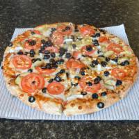 Garden Pizza · Mushrooms, black olives, onions, sliced tomatoes our signature sauce and three cheese blend ...