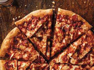 Medium BBQ Chicken Pizza · 8 slices. Grilled chicken, bacon, onions and our 3-cheese blend and topped with tangy BBQ sauce.