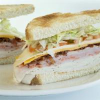 Mount Vernon Club Sandwich · Roasted turkey breast, black forest ham, bacon, spicy ham, cheddar, Swiss, lettuce, onion an...