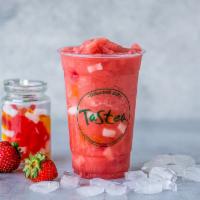 Amazing Strawburst Slushy · Strawberry, raspberry, and honeydew with rainbow jelly.