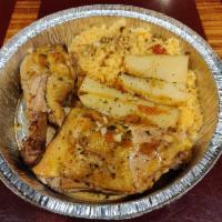 Greek Chicken · Served with potatoes, rice and garlic bread