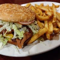 Bacon Gyros Cheeseburger · Bacon gyros cheeseburger served with lettuce and tomato plus fries.