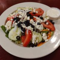 Greek Salad · Romaine lettuce, olives, grape tomatoes, onions, cucumbers, feta cheese and red pepper.