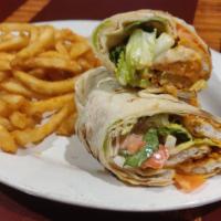 Buffalo Chicken Wrap · Buffalo sauce, lettuce, tomato, and guacamole. Served with fries and a side of ranch