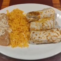 Mini Burritos Dinner · Three mini burritos with cheese, sour cream and your choice of filling. Served with rice and...