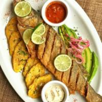 Fried fish  · Rice with plantain