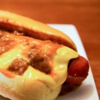 Chili Cheese Hot Dog  · Beef hot dog with cheese and chili.