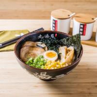 2. Kyushu Tonkotsu Shio Ramen 九州白汤拉面 · Chashu pork, 1/2 marinated egg, bamboo shoots, corn, wakame, scallions, nori.