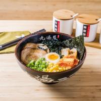 5. Korean Kimchi Ramen 韩式泡菜拉面 · Chashu pork, kimchi, 1/2 marinated egg, bamboo shoots, corn, wakame, scallions, nori. Spicy.