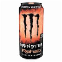 Monster Rehab Peach Tea Energy 15.5oz · Peach Tea flavored energy drink quenches your thirst, refreshes, rehydrates, and revives.